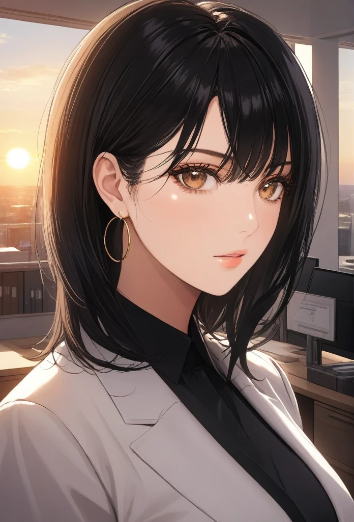 masterpiece, best quality, sunset, cowboy shot, mature woman, bob hairstyle, black hair, mature face, hot face, sharp eyes, medium breasts, curvy body, hazel eyes, business clothes, looking at viewer, very close to viewer, face to face, tough appearance, in the office
 ((looking serious), oversized big hoops earrings 