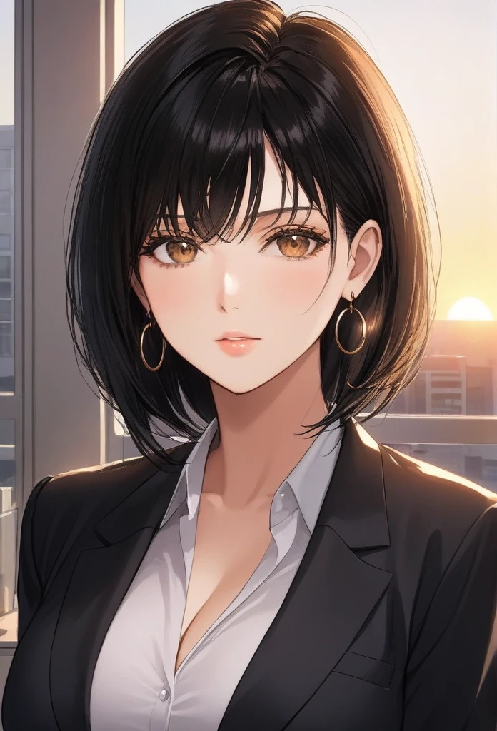 masterpiece, best quality, sunset, cowboy shot, mature woman, bob hairstyle, black hair, mature face, hot face, sharp eyes, medium breasts, curvy body, hazel eyes, business clothes, looking at viewer, very close to viewer, face to face, tough appearance, in the office
((looking serious), oversized big hoops earrings