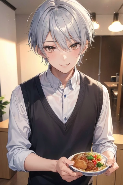 Kimishima Ikuto、17 years old、（1:boy)、(Hairstyle:Silver short hair,Silver Hair)、Slanted Eyes、Brown eyes、Perfect Anatomy、(During meals),Chew a spoon、Sparkling eyes、(Looking at the audience, With a smile), Close-up face:1.5