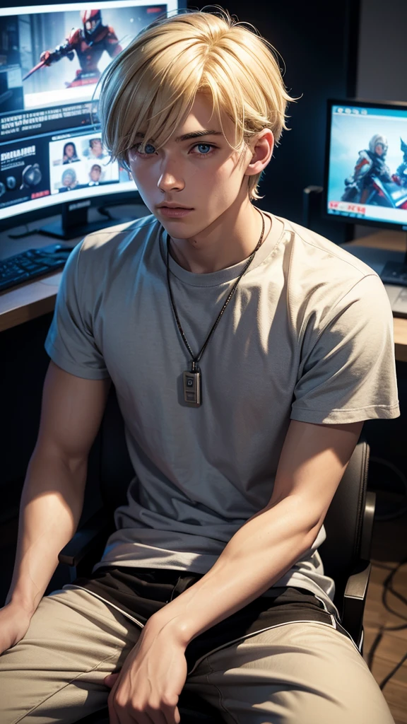 Create an image of a young man aged between 18 to 23 years old. He has blonde hair and light-colored eyes. The young man is seated at a gamer setup with multiple monitors and gaming accessories visible. He is facing the camera, with the focus centered on him, while the background is blurred to emphasize his presence. The lighting should be soft, highlighting his facial features and the gaming environment.