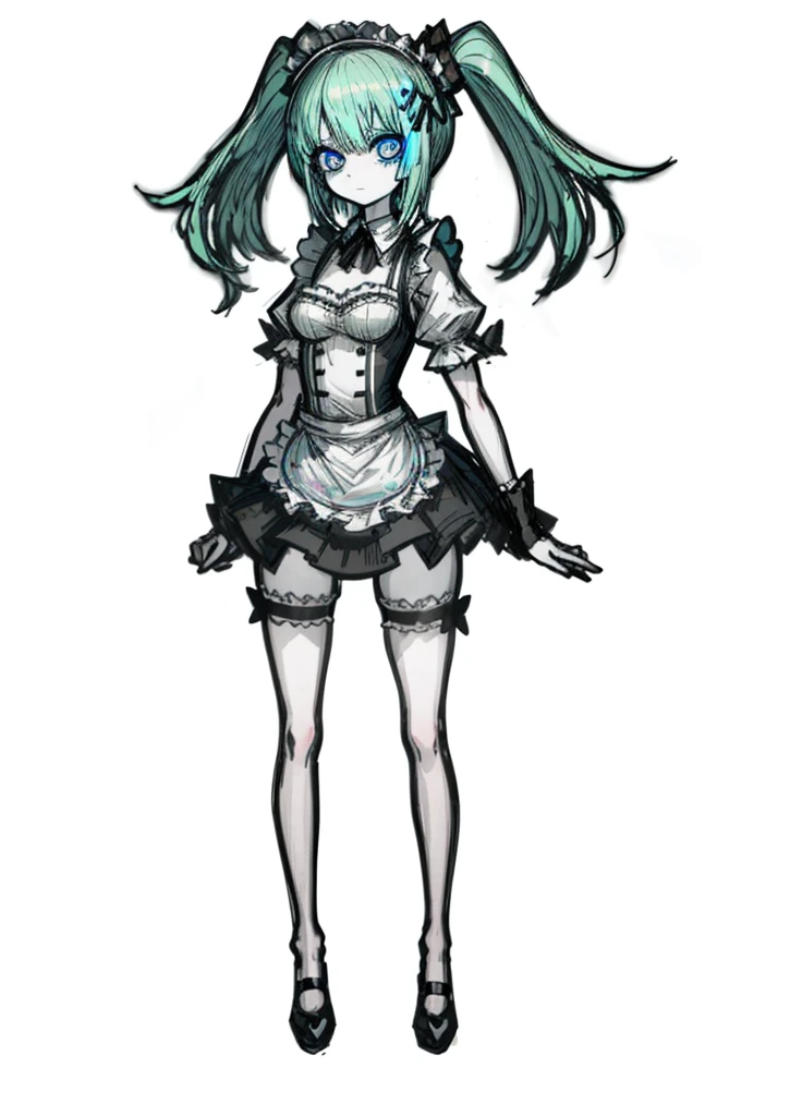 1girl, pale skin, blue eyes, lime hair, maid, maid headdress, pretty clothes, (high resolution, high detail, best quality),
black background, shy