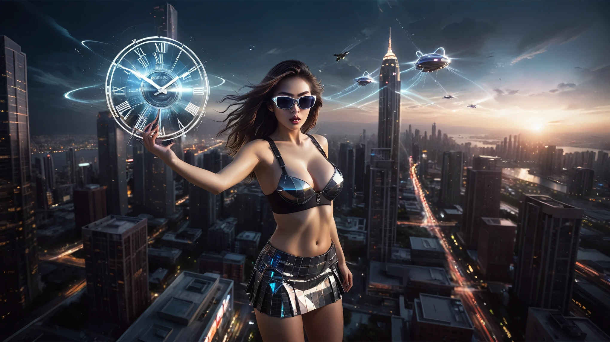 At night, dark sky, (((aerial view of futuristic sci-fi cyberpunk city, skyscrapers, (((((flying vehicle))))), (vortex-spirit-spreading giant ghost hologram (((clock tower))) as time machine), high quality))). Matrix style, (1girl, solo), photo realistic, (((large-breast:1.2 slim body, cleavage:1.3, tube top, very short pleated (((miniskirt))) exposing panty))), (((((matrix style black ((((((sunglasses)))))), aiming at camera with a (laser weapon):0.3))))), (((dynamic pose, half-body (thigh level) medium shot))), cinematic lighting, blur:0.7 background.