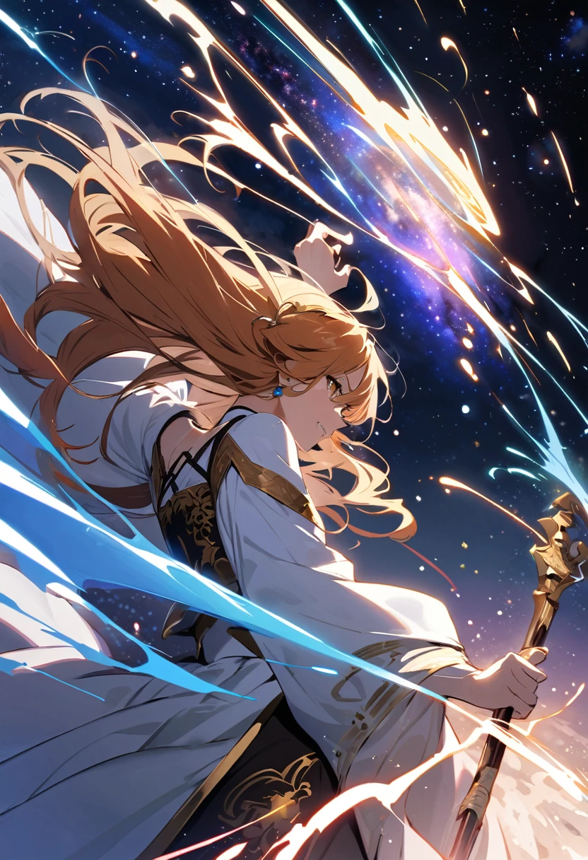 (masterpiece, best quality),
In the background of outer space, Orihime and Hikoboshi are seen having a violent fight.
Orihime manipulates the splashes of the Milky Way, and Hikoboshi throws punches with the power of the stars. The two engage in a fierce battle while enjoying each other. Stars and the Milky Way shine in the background, creating a sense of the grandeur of the universe.wearing ancient chinese aristocratic clothing,