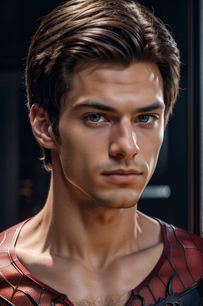 A photograph of spider man, no mask, 20 yo, handsome, detailed face, looking at camera, portrait, 8k uhd, high quality