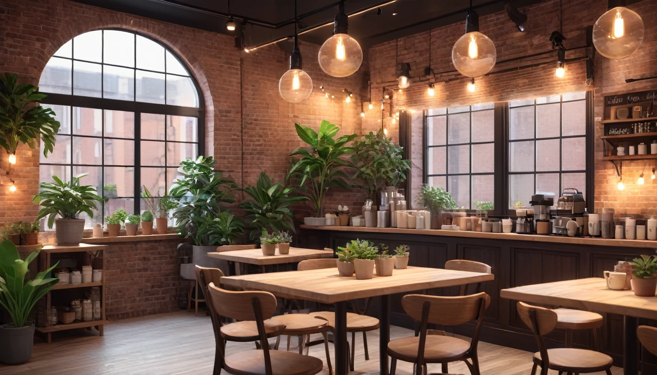 lofi coffee shop,cozy atmosphere,warm lighting,film grain,muted colors,subtle bokeh,soft textures,wooden furniture,brick walls,potted plants,string lights,large windows,realistic,photorealistic,photo-realistic:1.37,(best quality,4k,8k,highres,masterpiece:1.2),ultra-detailed,(realistic,photorealistic,photo-realistic:1.37)
