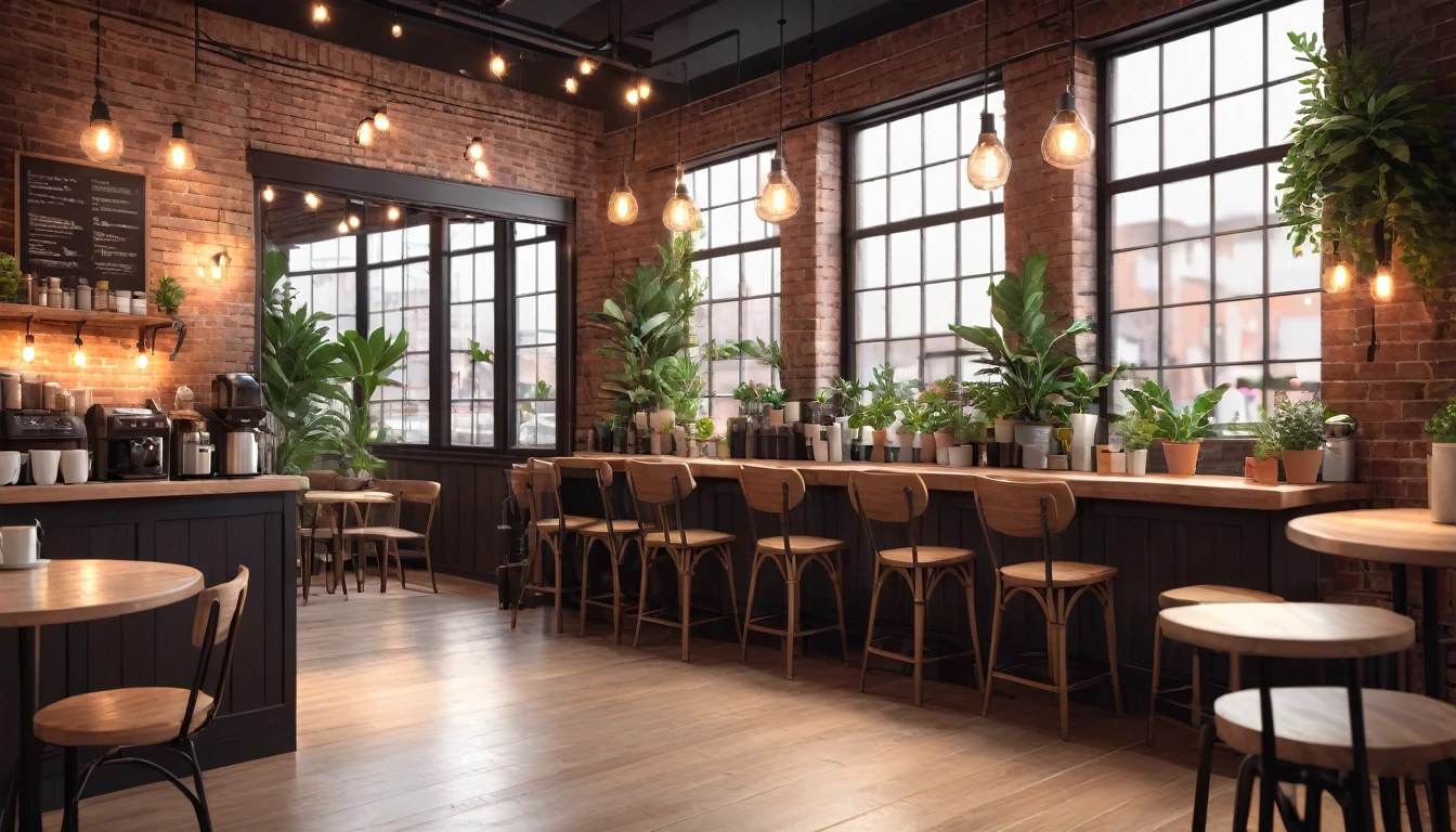 lofi coffee shop,cozy atmosphere,warm lighting,film grain,muted colors,subtle bokeh,soft textures,wooden furniture,brick walls,potted plants,string lights,large windows,realistic,photorealistic,photo-realistic:1.37,(best quality,4k,8k,highres,masterpiece:1.2),ultra-detailed,(realistic,photorealistic,photo-realistic:1.37)
