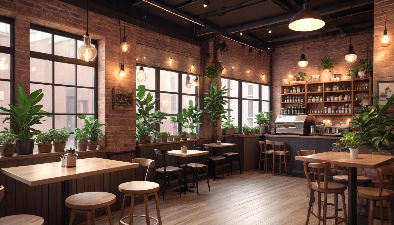 lofi coffee shop,cozy atmosphere,warm lighting,film grain,muted colors,subtle bokeh,soft textures,wooden furniture,brick walls,potted plants,string lights,large windows,realistic,photorealistic,photo-realistic:1.37,(best quality,4k,8k,highres,masterpiece:1.2),ultra-detailed,(realistic,photorealistic,photo-realistic:1.37)