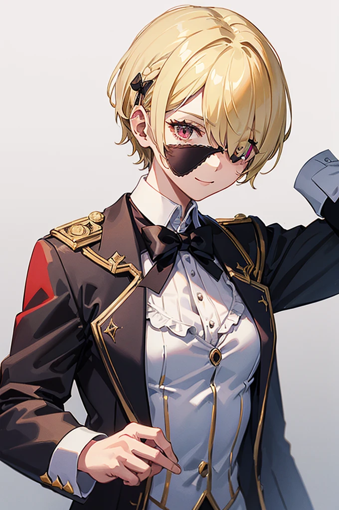1 person, mature, (((Butler))), count, viscount, Victorian era,(Barrette)、(((Hair on one eye)))、(((Blonde short hair))),(Red eyeedium Breast),smile、 suit, coat, White gloves, Gold and red design, Black Shirt, No background, Absurd, High resolution, Super sharp, 8K, masterpiece, View your viewers, Are standing, No background, No background, White Background