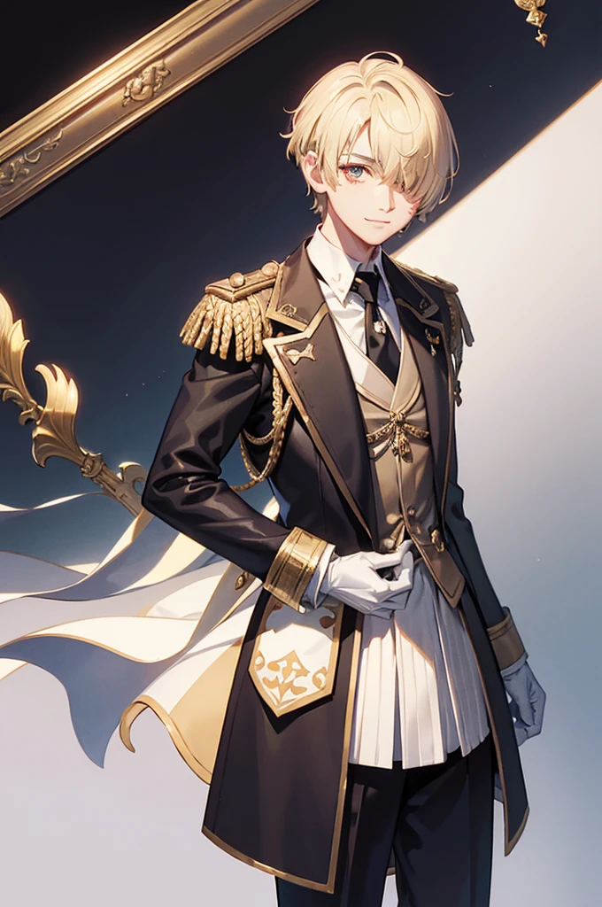 1 person, mature, (((Butler))), count, viscount, Victorian era,(Barrette)、(((Hair on one eye)))、(((Blonde short hair))),(Red eyeedium Breast),smile、 suit, coat,  White gloves, Gold and red design, Black Shirt, No background, Absurd, High resolution, Super sharp, 8K, masterpiece, View your viewers, Are standing, No background, No background, White Background