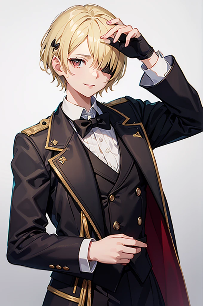 1 person, mature, (((Butler))), count, viscount, Victorian era,(Barrette)、(((Hair on one eye)))、(((Blonde short hair))),(Red eyeedium Breast),smile、 suit, coat,  White gloves, Gold and red design, Black Shirt, No background, Absurd, High resolution, Super sharp, 8K, masterpiece, View your viewers, Are standing, No background, No background, White Background