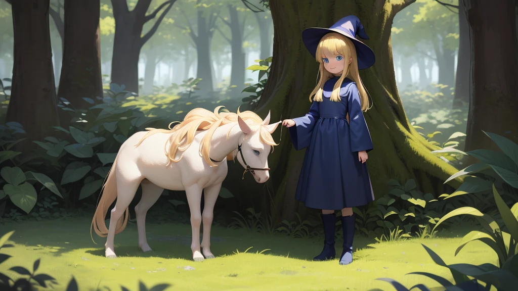 Perfect Biology、masterpiece, taller than,Very detailed, Absurd, witch, 8-year-old, girl,  alone, Blonde, Long Hair,  blue eyes, Blue Boots, Long sleeve,Have,in the forest, smile,