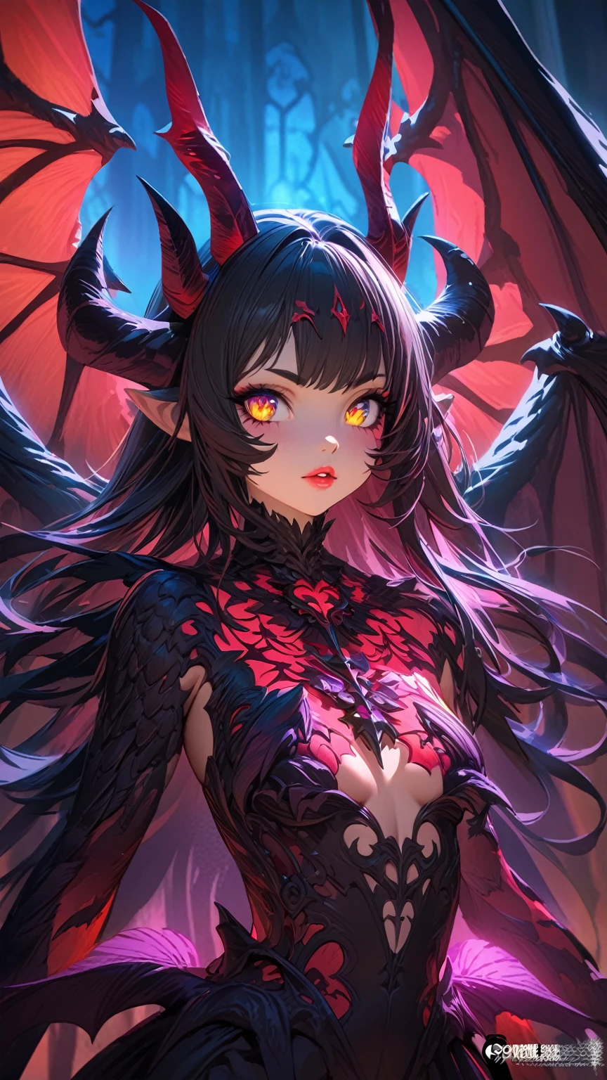 a cute anime girl demon with large wings,1girl,detailed face,beautiful detailed eyes,beautiful detailed lips,extremely detailed skin,long eyelashes,horns,bat-like wings,detailed feathers,dark fantasy,digital painting,concept art,dramatic lighting,cinematic,vibrant colors,highly detailed,8k,masterpiece