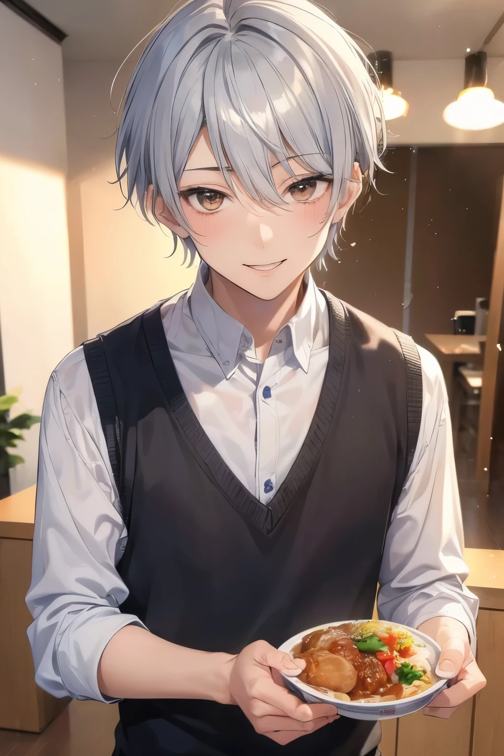 Kimishima Ikuto、17 years old、（1:boy)、(Hairstyle:Silver short hair,Silver Hair)、Slanted Eyes、Brown eyes、Perfect ???????、(During meals),Chew a spoon、Sparkling eyes、(Looking at the audience, With a smile), Close-up face:1.5