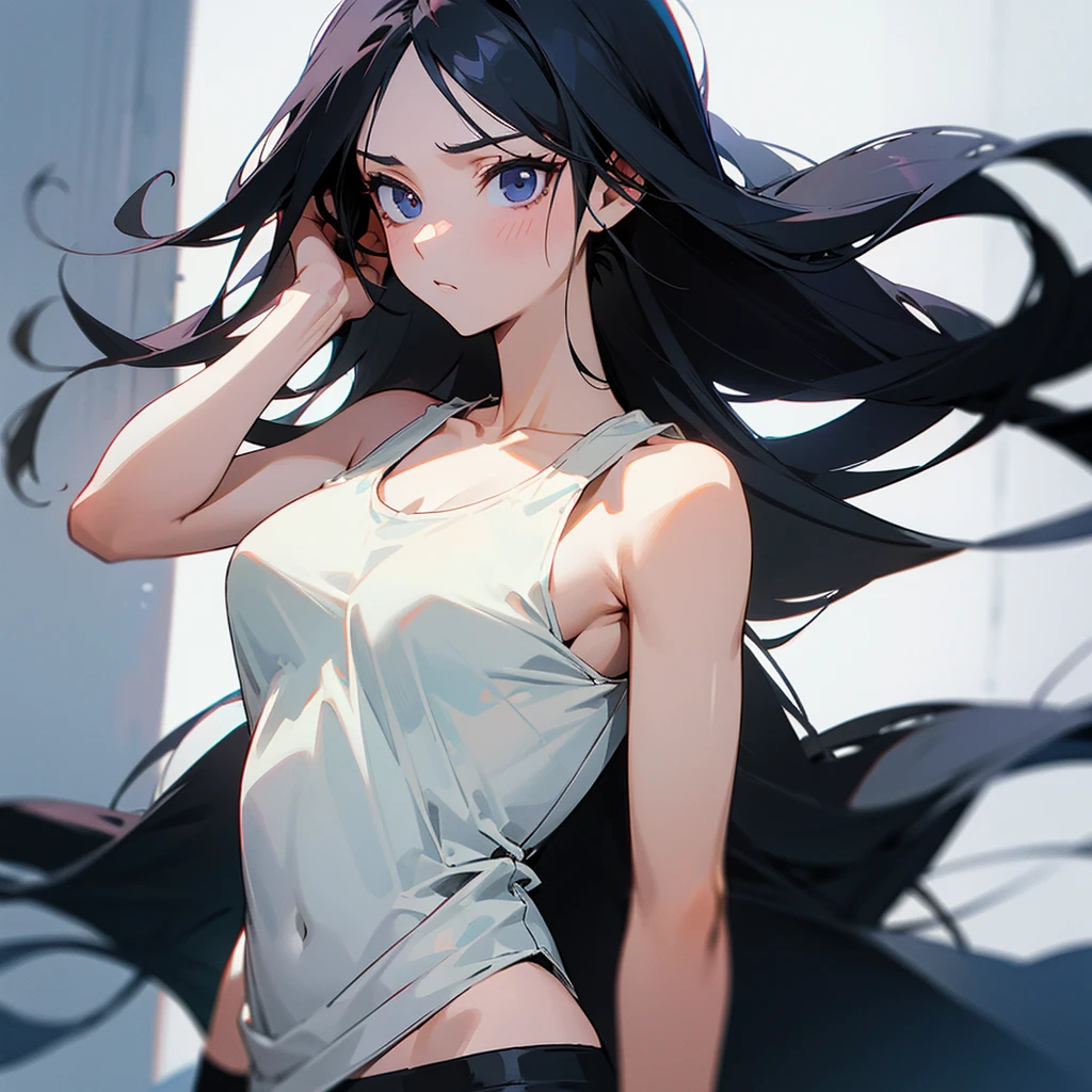 (Masterpiece), (High Quality), (1 girl), (gear), (long hair, flowing black), (simple tank top), (plain white background), (medium breasts), (close-up shot), (deep focus), (dramatic lighting), (realistic skin texture), (subtle contouring), (whispered expression), (sultry gaze), (edgy attitude), (bold makeup: dark eyeliner, glossy lips), (Captured Moment: Suspense or contemplation)
