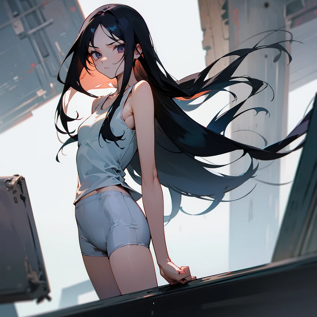 Long black hair, trunks, white tank top, expressionless