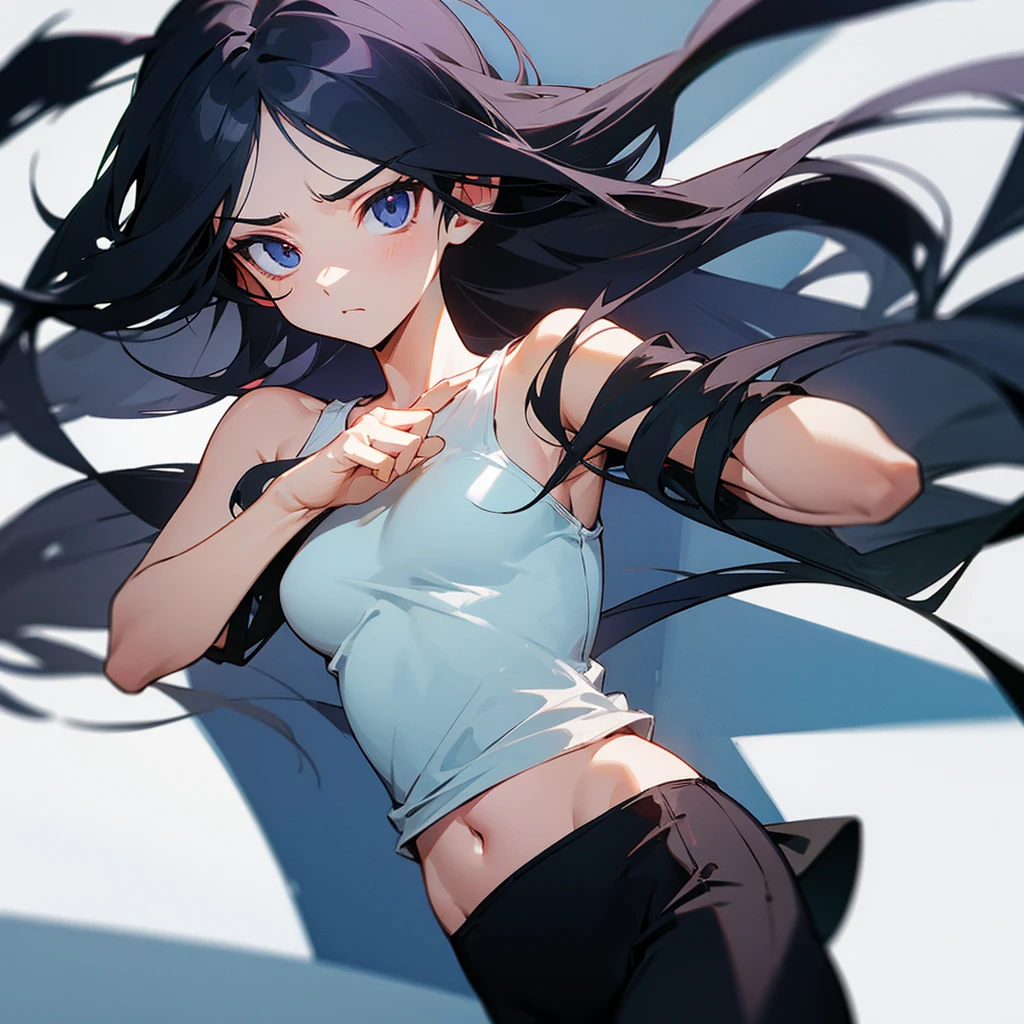 Long black hair, trunks, white tank top, expressionless