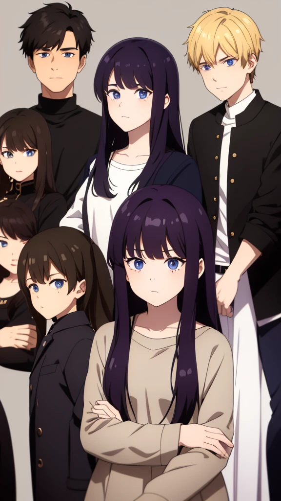 4 people, two girls, two boys, one girl has long dark purple hair, black eyes, the other girl has black hair with bangs, brown eyes, one boy has white hair and blue eyes, And the other boy has blond hair and brown eyes, they are all wearing black clothes