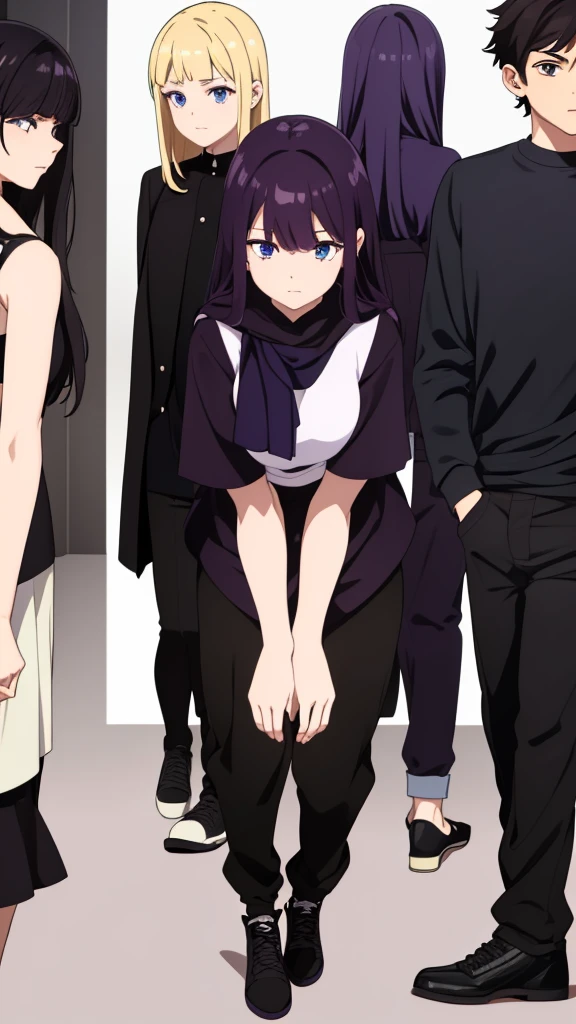 4 people, two girls, two boys, one girl has long dark purple hair, black eyes, the other girl has black hair with bangs, brown eyes, one boy has white hair and blue eyes, And the other boy has blond hair and brown eyes, they are all wearing black clothes