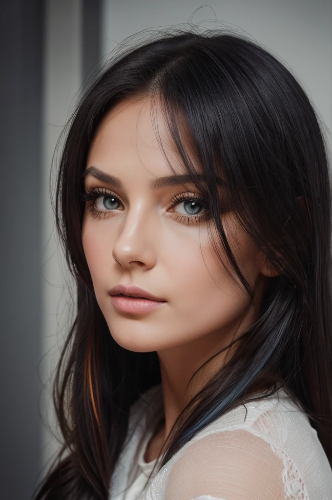 proFessional portrait photograph oF a gorgeous russian girl in with long wavy black hair,Oeil black,sulty Flirty look, gorgeous symmetrical Face, joli maquillage naturel, ,au lit, ultra réaliste, art conceptuel, élégant, très détaillé, complexe, sharp Focus, depth oF Field, F/1. 8, 85mm, Coup moyen, plan médian, (((proFessionally color graded))), bright soFt diFFused light, (volumetric Fog), tendance sur Instagram, hdr 4k, 8k