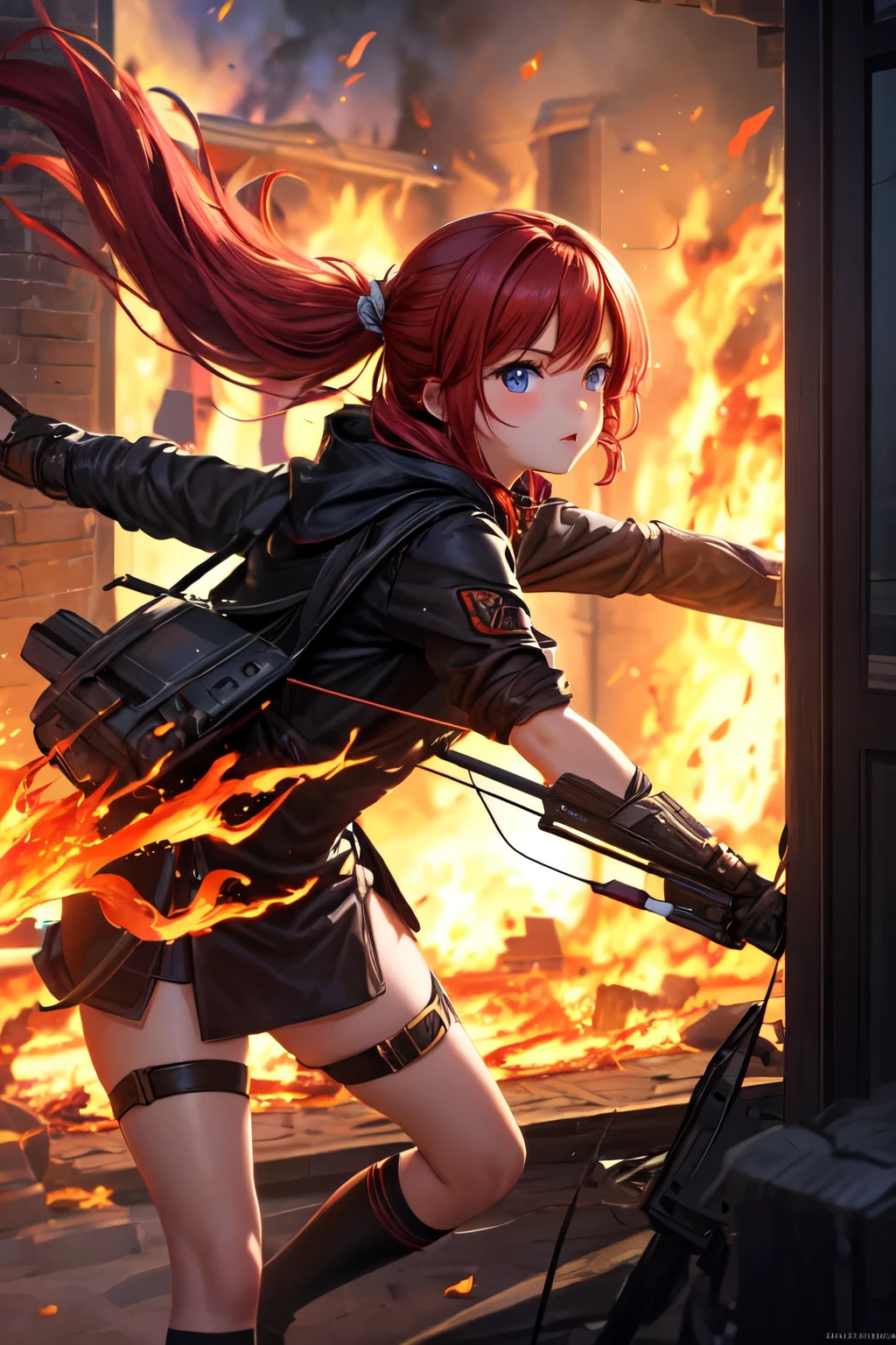 1 girl, Red hair, flaming eye, small one handed crossbow, llamas, houses on fire, bright, side lighting, hellish wallpaper
