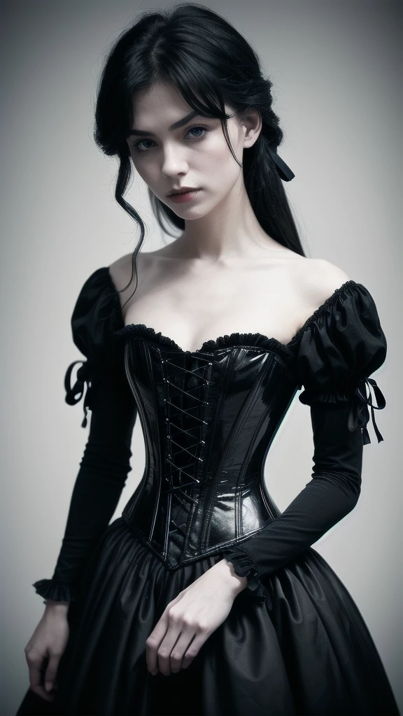 Award-winning color photograph of a Victorian vampire... cherrynobodysd15+ wearing a black dress, leather corset, Dark Mist Village, the night, SINISTER, A Grim Premonition, mist, Moonbeams, Bright, inviting eyes, pale skin, (black hair)+, Shallow depth of field, High contrast, Backlighting, bloom, chromatic aberration, Smooth, sharp-focus, Shot on a mirrorless camera