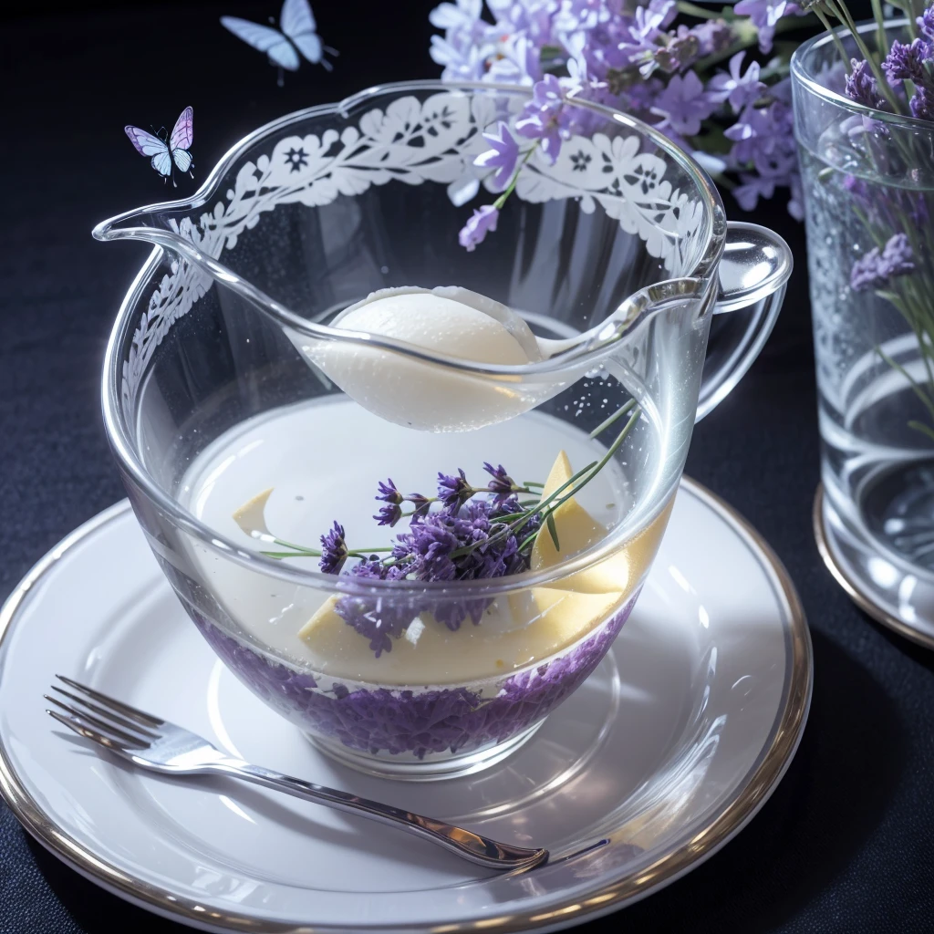 I want a completely transparent acrylic cup on top of an acrylic saucer and with lots of lavender butterflies flying around