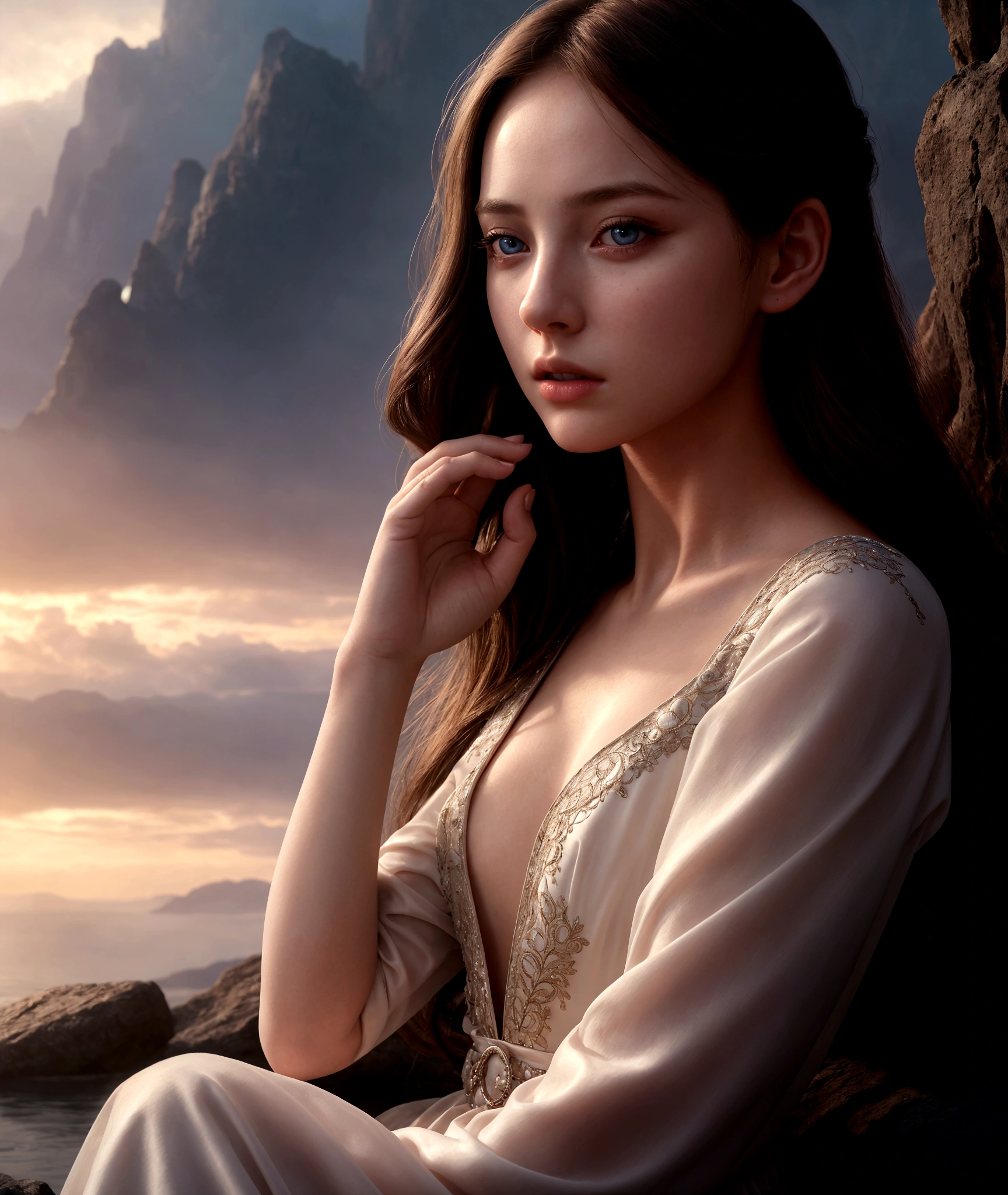 1 girl, cinematic, intricate detailed face, detailed eyes, detailed lips, porcelain skin, flowing hair, elegant dress, serene expression, dramatic lighting, cinematic atmosphere, fantasy landscape, magical realism, vivid colors, high quality, photo-realistic, 8k, sitting