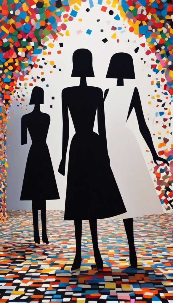 The black and white invaders who burst out of the wall with half their bodies turned into colorful cartoon confetti people. Fantasy, science fiction, low polygon, cubism and Paper Cuttings were created by Charles and Ray Eames,in style of Cubism, beautiful detailed with the words “OMEDI 11” written across 
