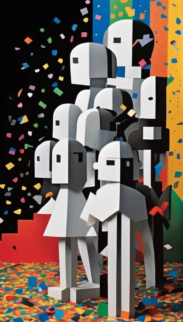 The black and white invaders who burst out of the wall with half their bodies turned into colorful cartoon confetti people. Fantasy, science fiction, low polygon, cubism and Paper Cuttings were created by Charles and Ray Eames,in style of Cubism, beautiful detailed with the words “OMEDI 11” written across 