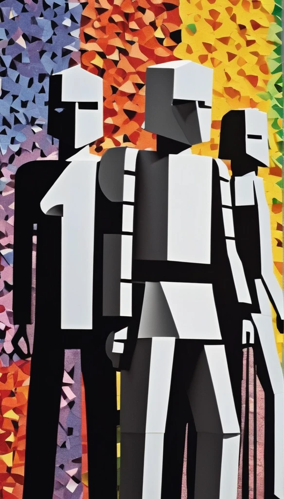The black and white invaders who burst out of the wall with half their bodies turned into colorful cartoon confetti people. Fantasy, science fiction, low polygon, cubism and Paper Cuttings were created by Charles and Ray Eames,in style of Cubism, beautiful detailed with the words “OMEDI 11” written across