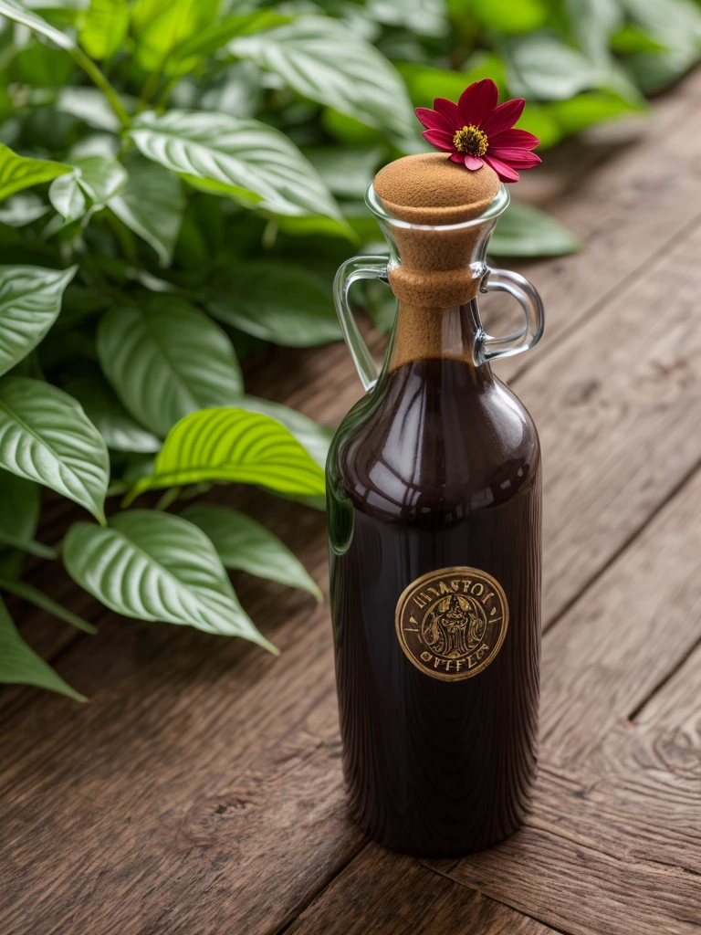 Create an ultra-detailed, best quality, high-resolution masterpiece of coffee bottle,brand name varison, black cap, body,clear look of coffee bottle,red flower on bottle,all ingredient of coffee writen in point at Connor side, put on cherry wood table, background full of leaf and wigth flower