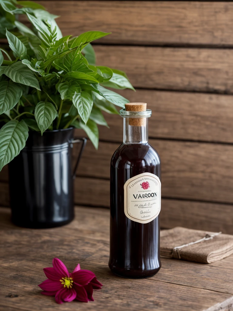 Create an ultra-detailed, best quality, high-resolution masterpiece of coffee bottle,brand name varison, black cap, body,clear look of coffee bottle,red flower on bottle,all ingredient of coffee writen in point at Connor side, put on cherry wood table, background full of leaf and wigth flower