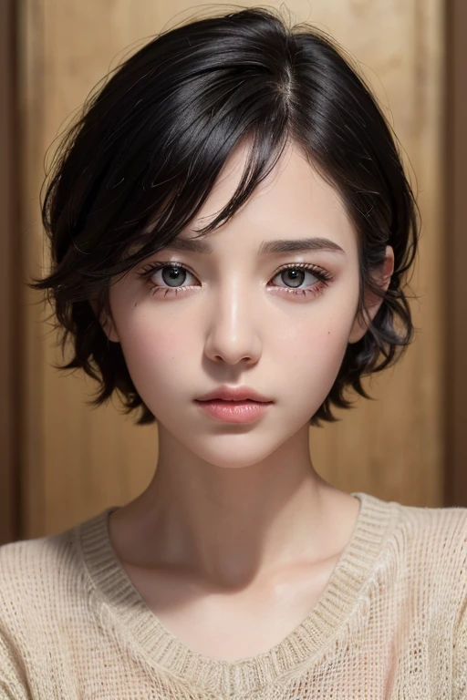 (masterpiece:1.3), (8K, Realistic, RAW Photos, Highest quality: 1.4), (One girl), Beautiful Face, (Realistic Face), (Black Hair, short hair:1.3), Beautiful hairstyle, Realistic eyes, Beautiful attention to detail, (Realistic Skin), Beautiful Skin, (sweater), Absurd, Charm, Ultra-high resolution, Ultra-realistic, Very detailed, Golden Ratio
