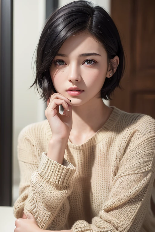 (masterpiece:1.3), (8K, Realistic, RAW Photos, Highest quality: 1.4), (One girl), Beautiful Face, (Realistic Face), (Black Hair, short hair:1.3), Beautiful hairstyle, Realistic eyes, Beautiful attention to detail, (Realistic Skin), Beautiful Skin, (sweater), Absurd, Charm, Ultra-high resolution, Ultra-realistic, Very detailed, Golden Ratio