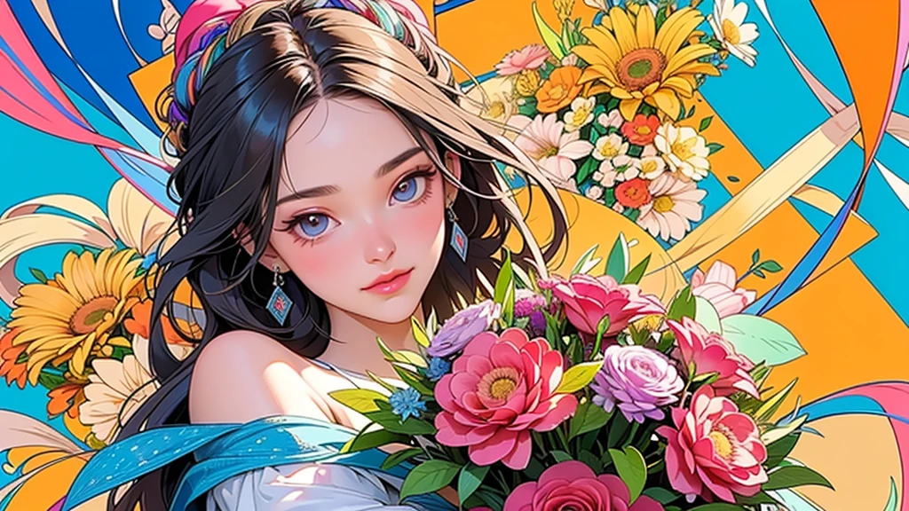(ultra-Detailed Background, Detailed Background), Absurd, High resolution, Super detailed, Very detailed, One girl, (bouquet:1.3), (Tangled:1.2), (Geometric:1.2),(colorful),