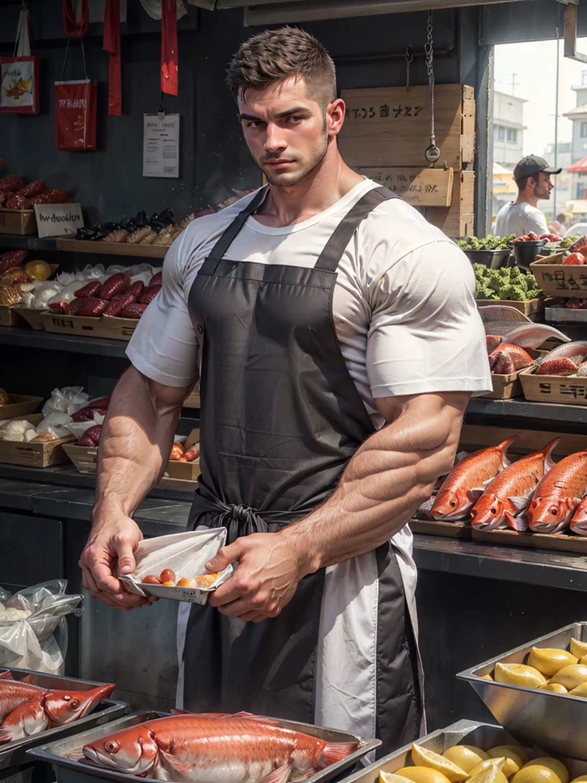 men wear dark gray shining apron over white T-shirt, muscular and handsome,fish market