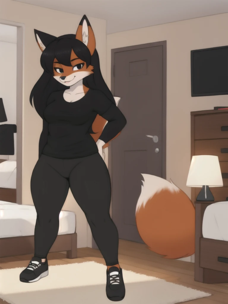 Furry, fox, female, black shirt, black leggings, shoes, bedroom, , standing, full body