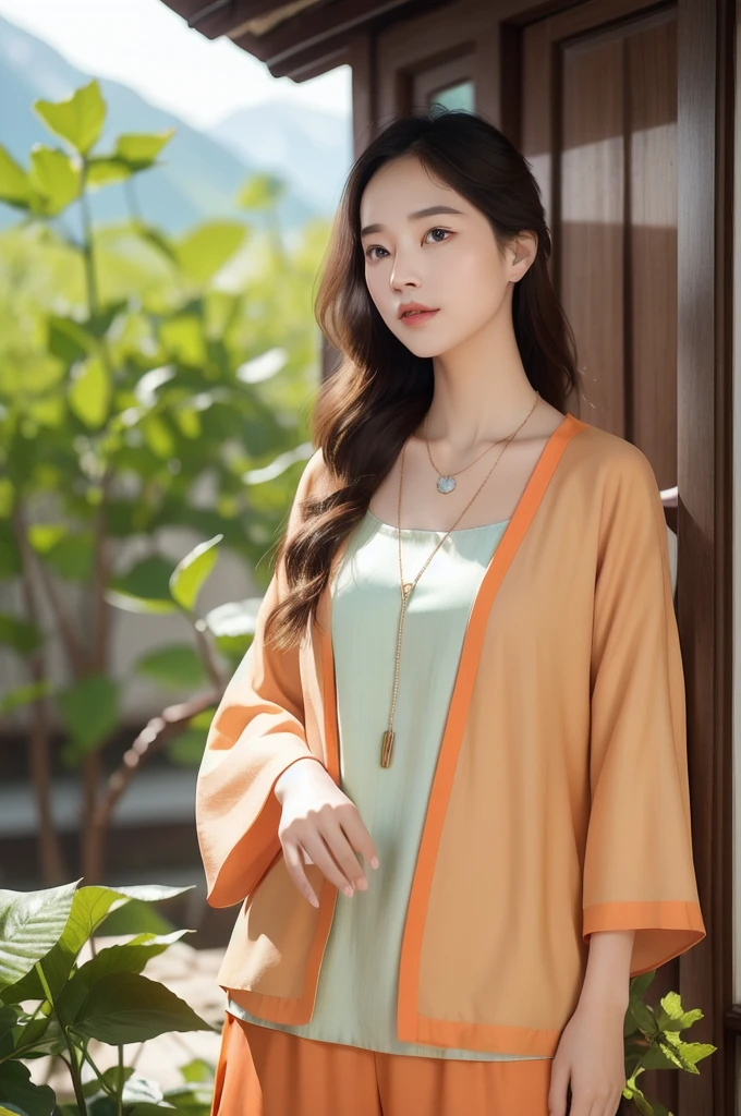 masterpiece,ultra realistic,32k,extremely detailed CG unity 8k wallpaper, best quality,(spring day ),lady ,necklace ,eardrop, The Swiss Alps, Switzerland, ( DayGlo orange Mixing and matching different shades of the same color ) , light brown hair hair Beachy waves ,