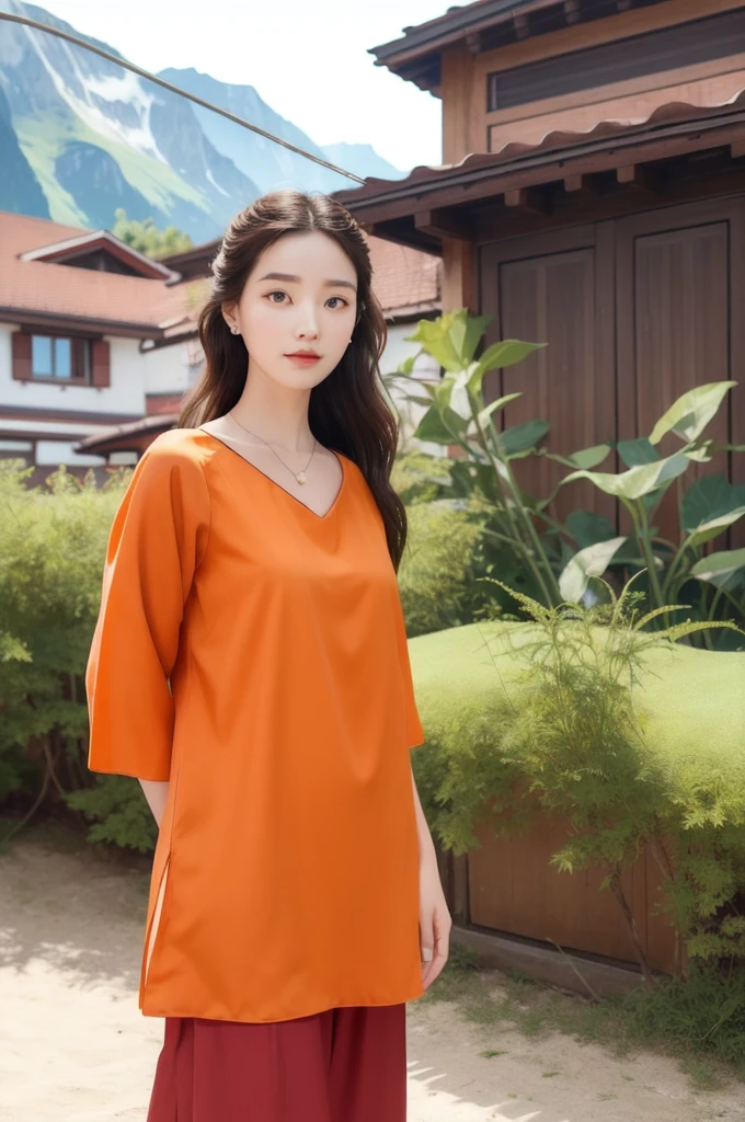 masterpiece,ultra realistic,32k,extremely detailed CG unity 8k wallpaper, best quality,(spring day ),lady ,necklace ,eardrop, The Swiss Alps, Switzerland, ( DayGlo orange Mixing and matching different shades of the same color ) , light brown hair hair Beachy waves ,