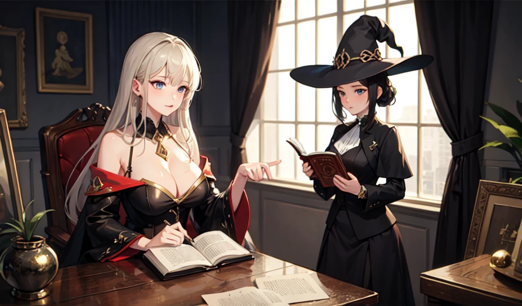 ((Highest quality)), ((masterpiece)), (detailed), sexy,A witch is reading the sorcerer,Mysterious room