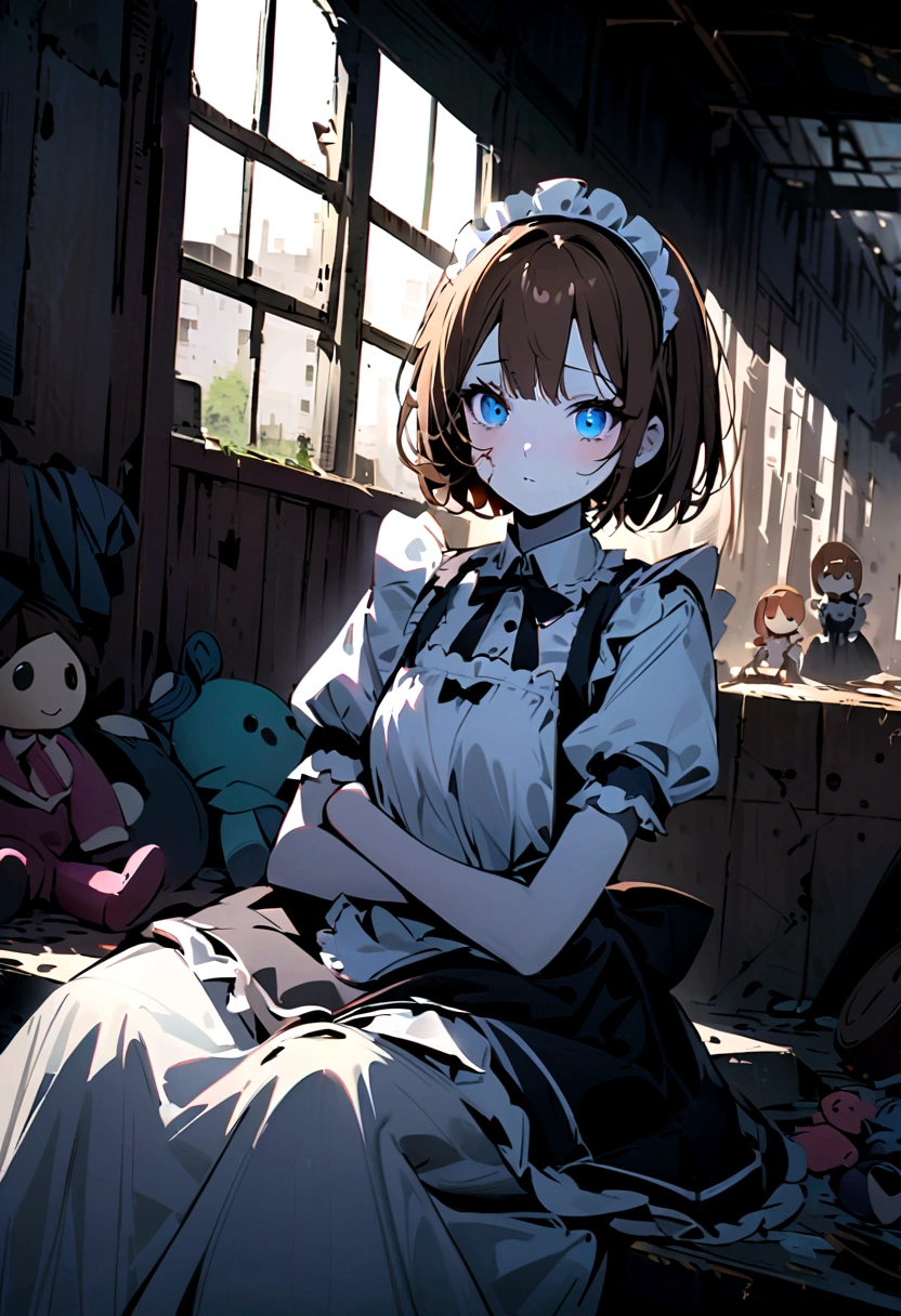 Girl with white skin, blue eyes and brown hair sitting in an abandoned warehouse, full of things and dolls around her. Wearing a maid uniform, with the body with cracks on the face and arms