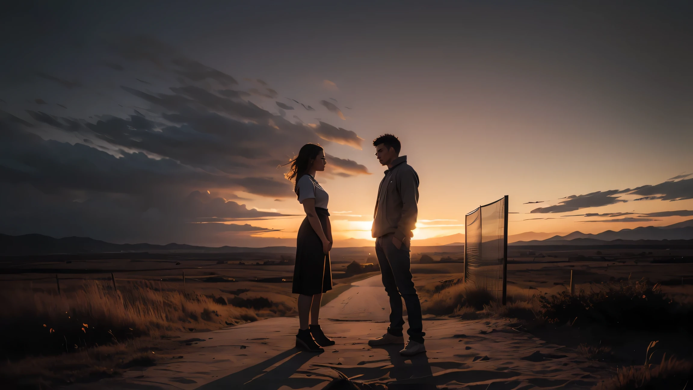 A melancholic yet romantic scene that captures the essence of forbidden love. A woman standing in the foreground, looking conflicted and trapped, while a man stands in the background, gazing at her with deep, unspoken love. The setting is a twilight landscape, blending shadows and warm tones to symbolize longing and hope. The background shows a distant, shadowy figure of another man, representing the barrier between the two lovers. The overall atmosphere is dreamy and evocative, setting the tone for a story of passion, sorrow, and yearning