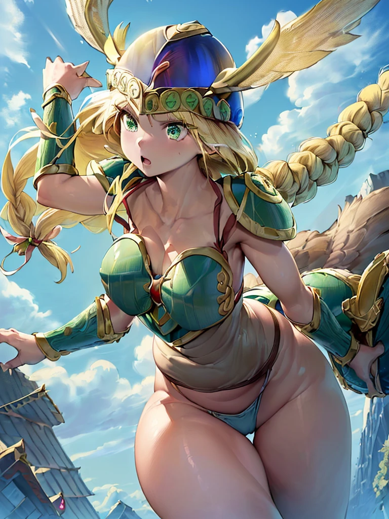 masterpiece,best quality, 1girl, 18yo, beautiful girl,BREAK,(Armor:1.8),(Helmet with wings:1.7),(Beautiful blonde,braid,Green Eyes:1.5),BREAK,(Bikini Armor:1.4),(voluptuous bust,thin waist:1.5),BREAK, (blue sky:1.4),(Running on clouds:1.5),(blue skyに舞う:1.5),