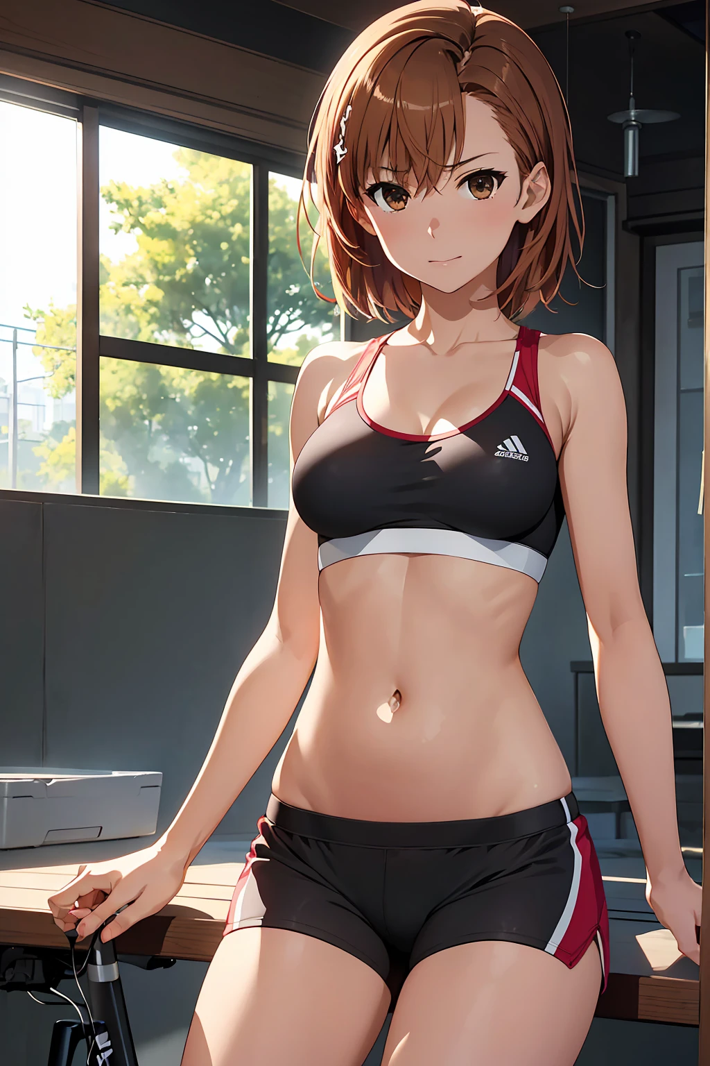 (Highest quality:1.5, High resolution, 超High resolution, 4K, Detailed lighting, Shaders), NSFW Misaka Mikoto,short hair　Brown Hair　Brown eyes　Cool face　　((Black Bike Shorts))++　Sports bra with a small area　Large Breasts　非常にLarge Breasts　valley　Deep chest　pregnancy　Big belly　Realistic sun rays　 Beautiful park