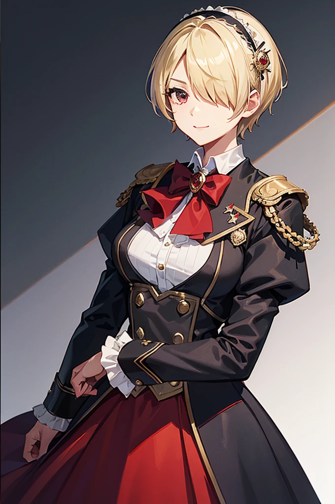 1 person, mature, (((Woman dressed as a man))),(((Butler))), count, viscount, Victorian era,(Barrette)、(((Hair on one eye)))、(((Blonde short hair))),(Red eyeedium Breast),smile、 suit, coat,  White gloves, Gold and red design, Black Shirt, No background, Absurd, High resolution, Super sharp, 8K, masterpiece, View your viewers, Are standing, No background, No background, White Background