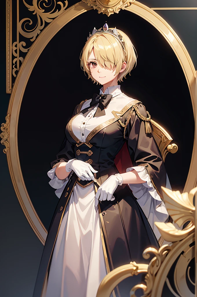 1 person, mature, (((Woman dressed as a man))),(((Butler))), count, viscount, Victorian era,(Barrette)、(((Hair on one eye)))、(((Blonde short hair))),(Red eyeedium Breast),smile、 suit, coat,  White gloves, Gold and red design, Black Shirt, No background, Absurd, High resolution, Super sharp, 8K, masterpiece, View your viewers, Are standing, No background, No background, White Background