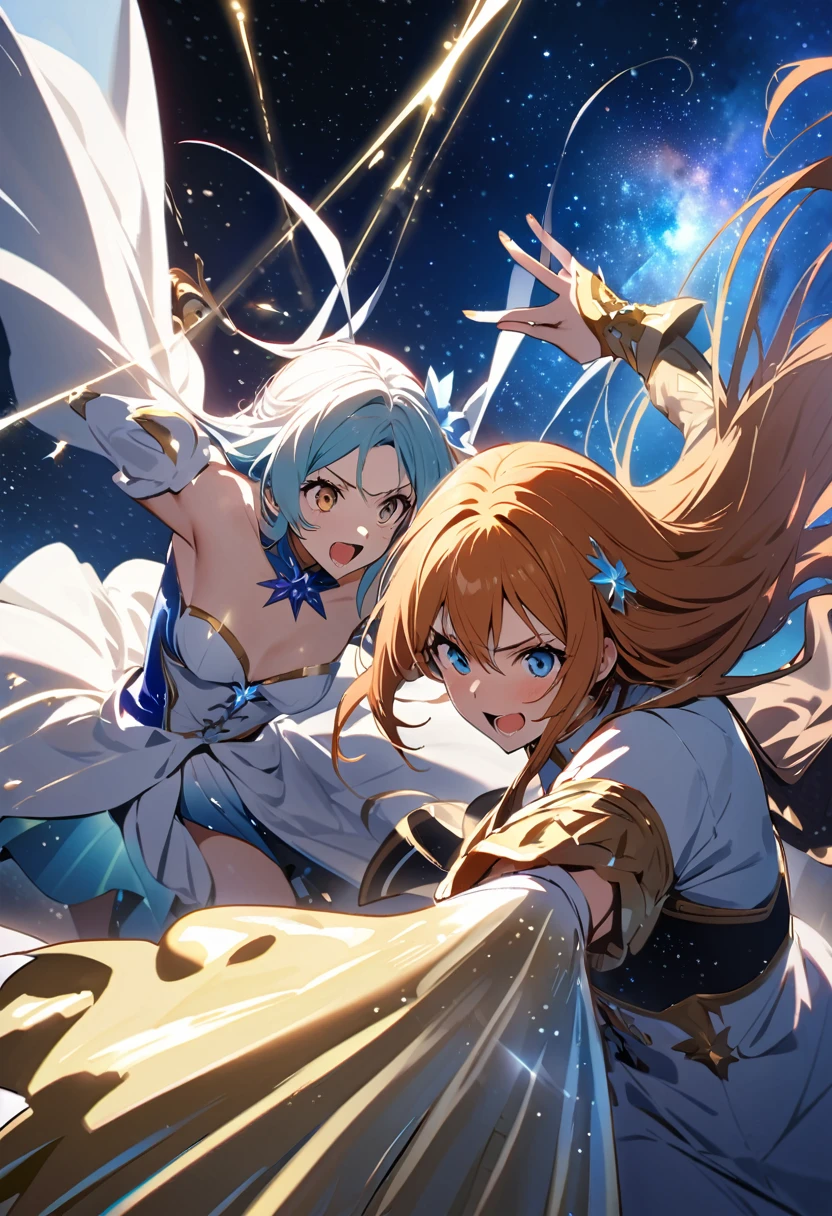(masterpiece, best quality),
In the background of outer space, Orihime(female) and Hikoboshi(male) are seen having a violent fight.
Orihime manipulates the splashes of the Milky Way, and Hikoboshi throws punches with the power of the stars. The two engage in a fierce battle while enjoying each other. Stars and the Milky Way shine in the background, creating a sense of the grandeur of the universe.