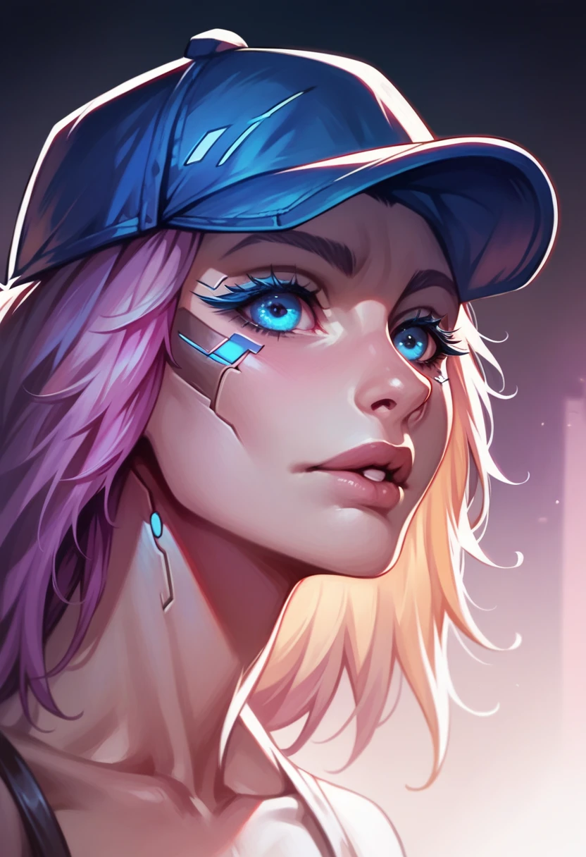 A detailed anime girl with beautiful blue eyes, long eyelashes, and an expression of wonder, wearing a blue cap and surrounded by a fantasy landscape with a neon-colored, cyberpunk-inspired aesthetic, highly detailed, cinematic lighting, 8k, photorealistic, masterpiece