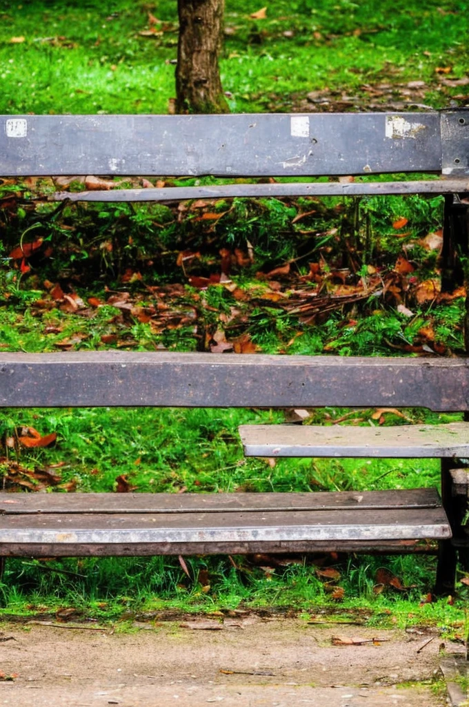 A scene of an old robot sitting on an old park bench。The robot&#39;s face shows signs of wear and tear over time.、The eyes are faintly glowing。Holding an old photo in my hand、He looks as if he is immersed in memories from long ago.。In the background, rusty playground equipment and a road covered with fallen leaves spread out.、The setting sun casts a soft light。