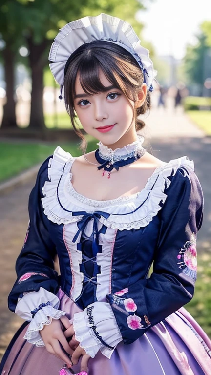 Sexy and stylish French model,blue eyes, Only One Woman, ((Doll-like appearance)), Long neon pink stylish hair, ((victorian boots)), (大きなsmile), Highly detailed eyes, Very detailed eye makeup, Lip gloss, Long eyelashes, Well-defined eyebrows, ((Sweet Lolita Cosplay)), Bell-shaped skirt, petticoat, High neck, Puff sleeves, ((Very fine embroidery)), Intricate details, animal, fairy tale, Heart-shaped bag, Sweet Lolita Accessories, Small breasts, Sweet Lolita Choker, ((Big, sparkly, sweet Lolita jewelry)), Cinematic Light, wood々Detailed large park background,16 years old,150cm,Are standing,View your viewers,smile,